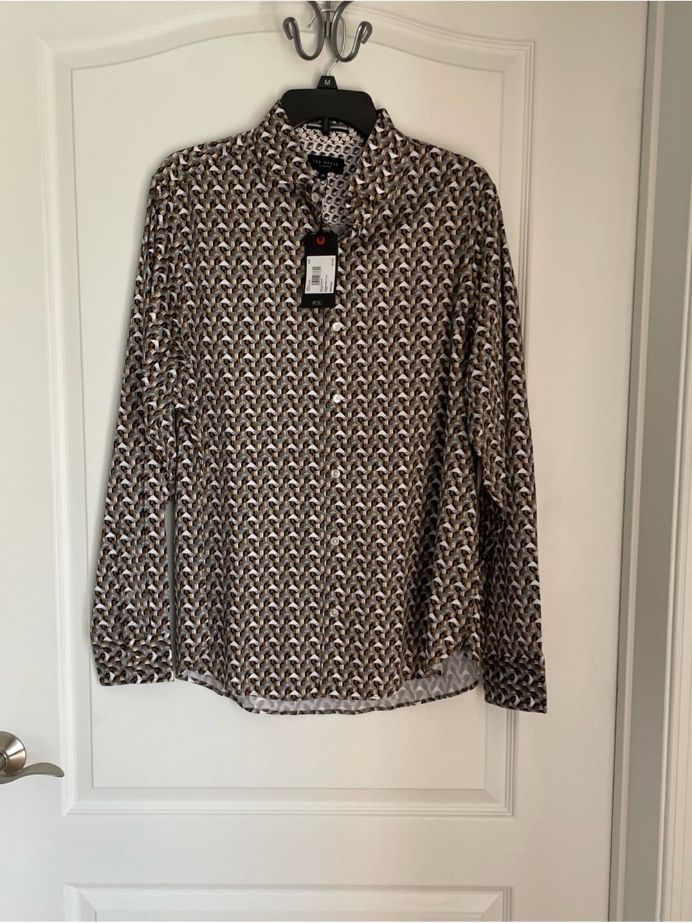 TED BAKER Soren Geometric Dull Gold Stretch Cotton Shirt Mens M Button Down NWT
